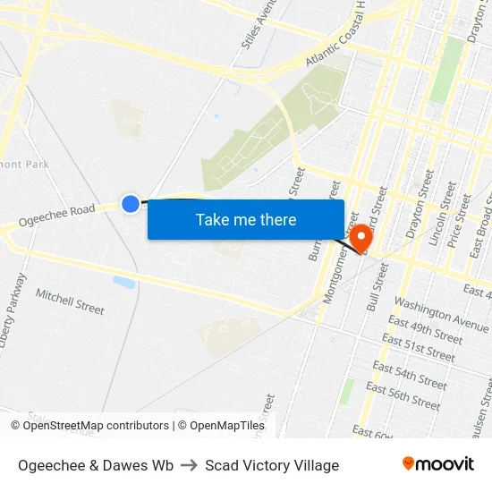 Ogeechee & Dawes Wb to Scad Victory Village map