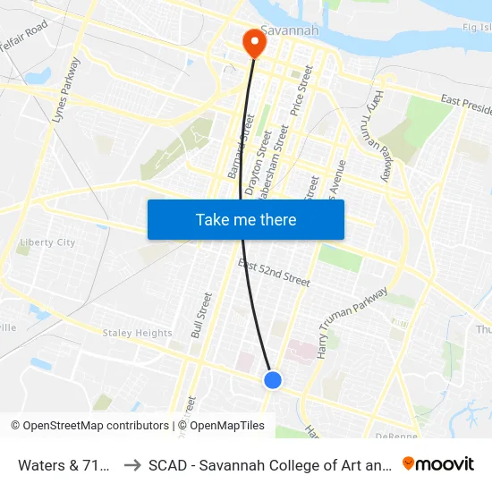 Waters & 71st Nb to SCAD - Savannah College of Art and Design map