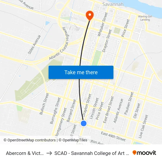 Abercorn & Victory Sb to SCAD - Savannah College of Art and Design map