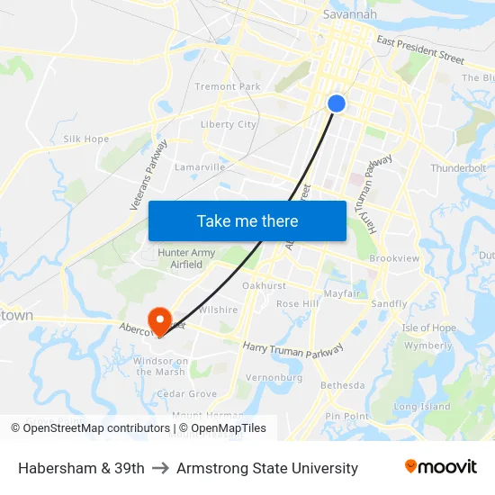 Habersham & 39th to Armstrong State University map