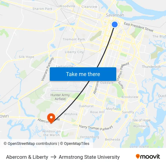 Abercorn & Liberty to Armstrong State University map