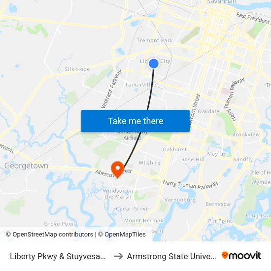 Liberty Pkwy & Stuyvesant Sb to Armstrong State University map