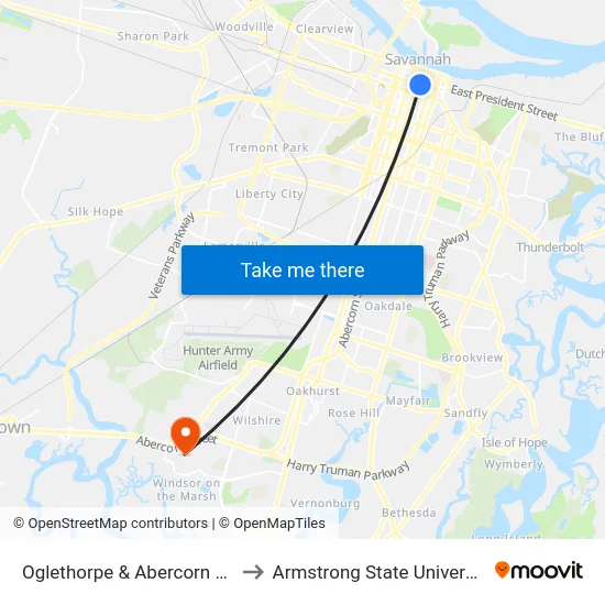 Oglethorpe & Abercorn Wb to Armstrong State University map