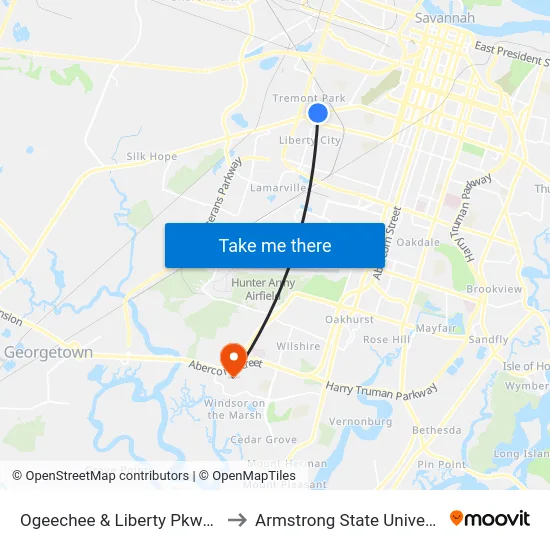 Ogeechee & Liberty Pkwy Nb to Armstrong State University map