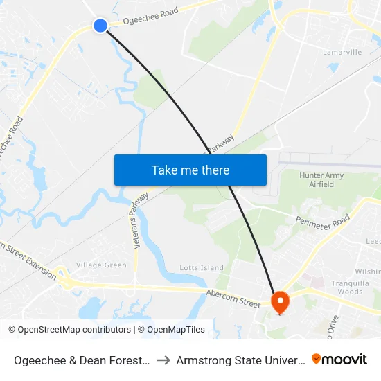 Ogeechee & Dean Forest Wb to Armstrong State University map