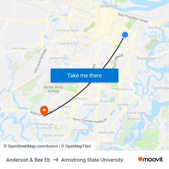 Anderson & Bee Eb to Armstrong State University map