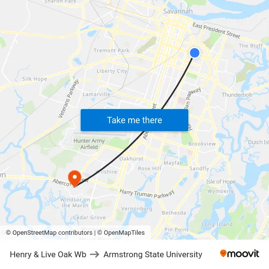 Henry & Live Oak Wb to Armstrong State University map