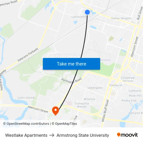 Westlake Apartments to Armstrong State University map