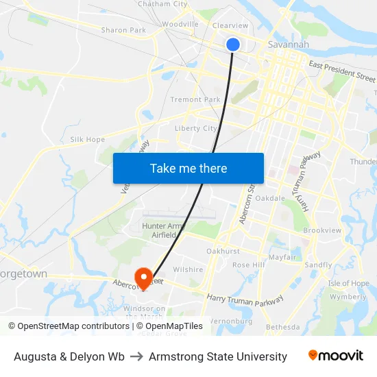 Augusta & Delyon Wb to Armstrong State University map