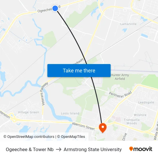 Ogeechee & Tower Nb to Armstrong State University map