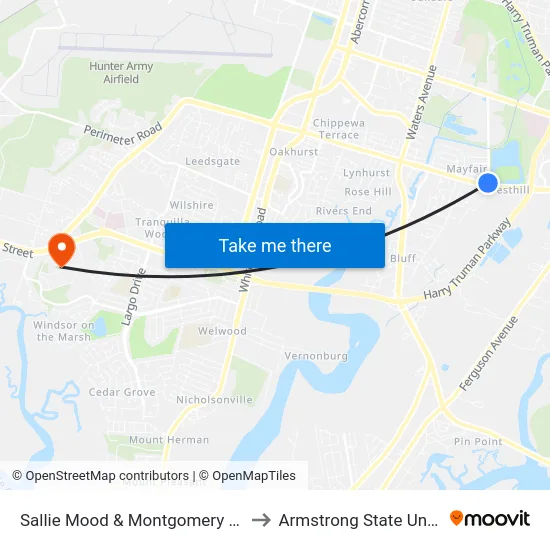 Sallie Mood & Montgomery Cross Sb to Armstrong State University map