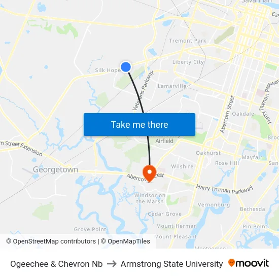 Ogeechee & Chevron Nb to Armstrong State University map