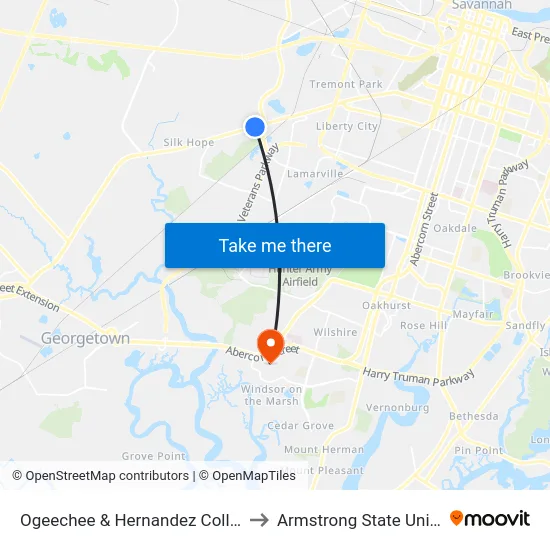Ogeechee & Hernandez Collision Nb to Armstrong State University map