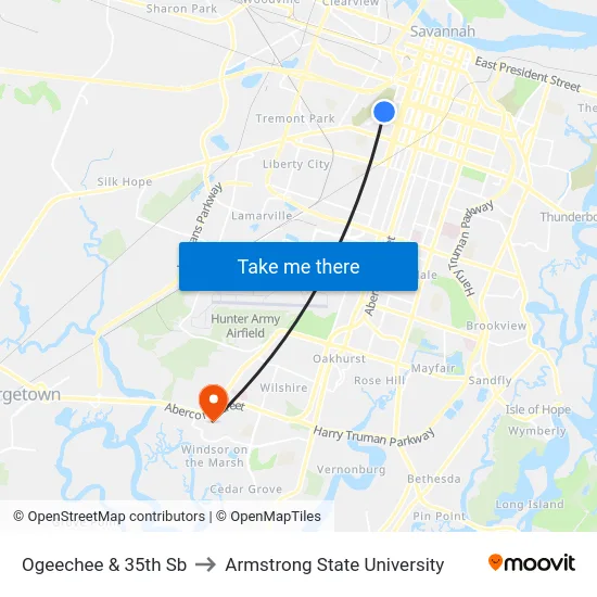Ogeechee & 35th Sb to Armstrong State University map