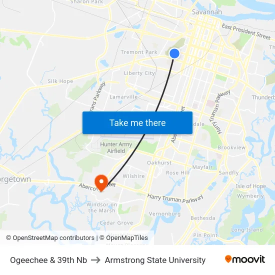 Ogeechee & 39th Nb to Armstrong State University map