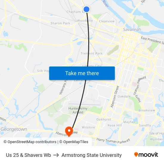Us 25 & Shavers Wb to Armstrong State University map