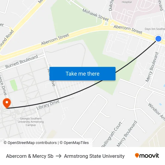 Abercorn & Mercy Sb to Armstrong State University map