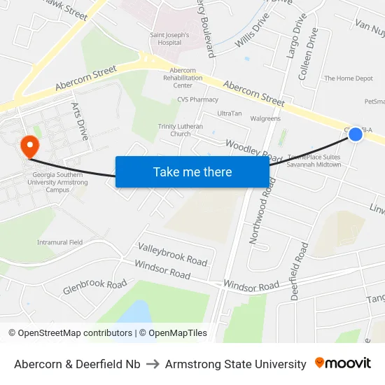 Abercorn & Deerfield Nb to Armstrong State University map