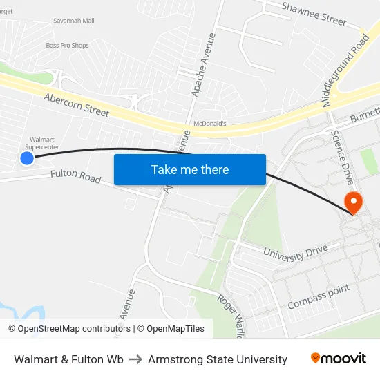 Walmart & Fulton Wb to Armstrong State University map