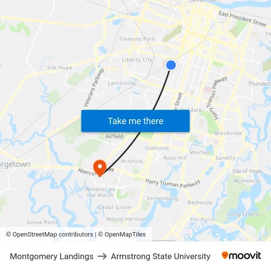Montgomery Landings to Armstrong State University map