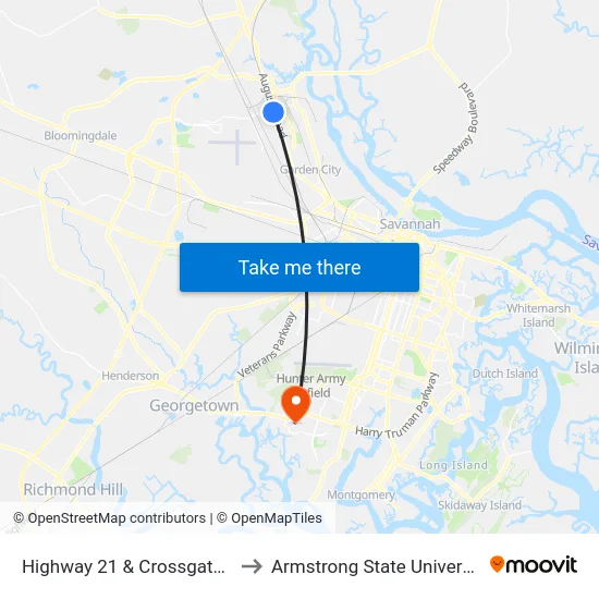 Highway 21 & Crossgate Ib to Armstrong State University map