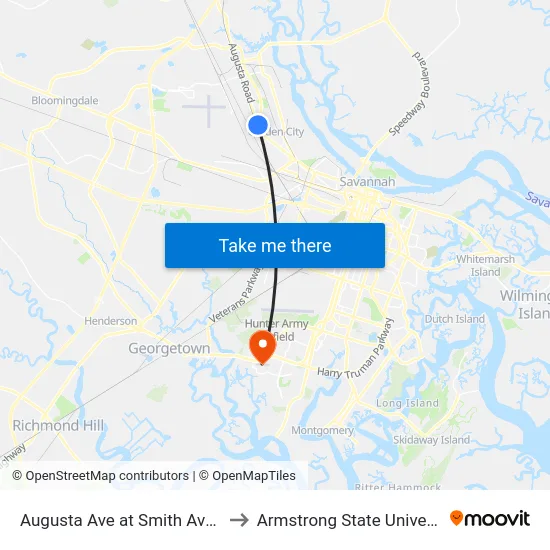 Augusta Ave at Smith Ave Nb to Armstrong State University map