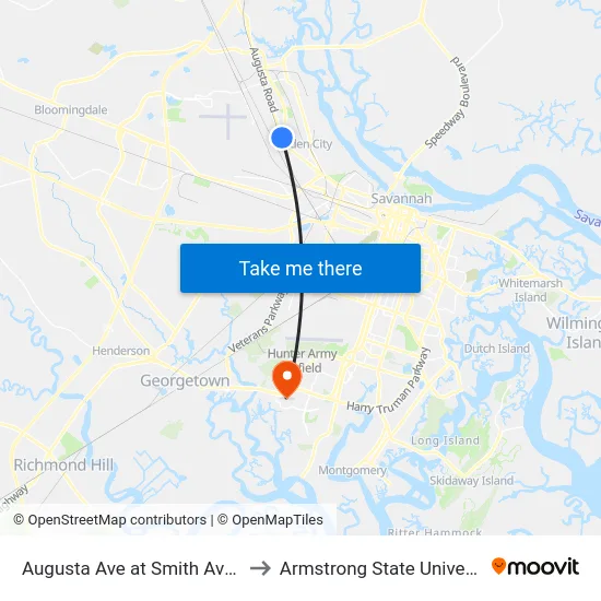 Augusta Ave at Smith Ave Sb to Armstrong State University map