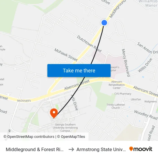 Middleground & Forest Ridge Sb to Armstrong State University map