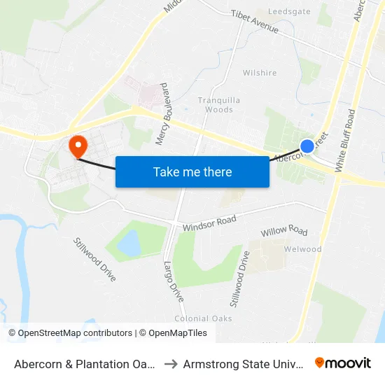 Abercorn & Plantation Oaks Sb to Armstrong State University map