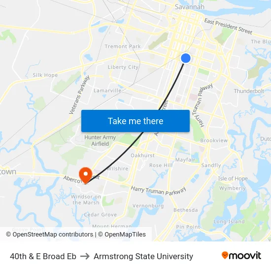 40th & E Broad Eb to Armstrong State University map