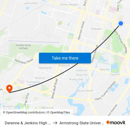 Derenne & Jenkins High Wb to Armstrong State University map