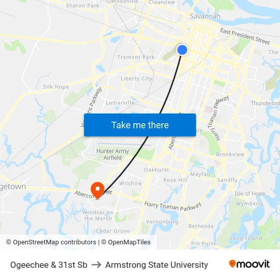 Ogeechee & 31st Sb to Armstrong State University map