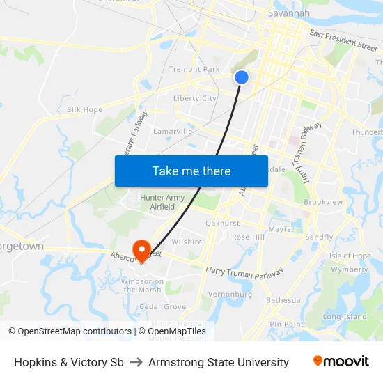 Hopkins & Victory Sb to Armstrong State University map