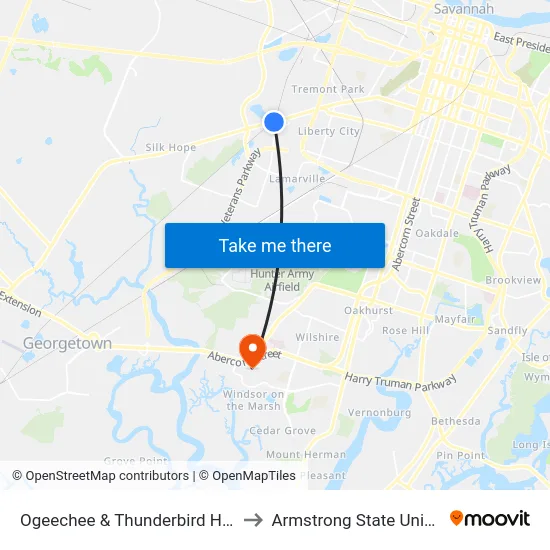 Ogeechee & Thunderbird Hotel Nb to Armstrong State University map