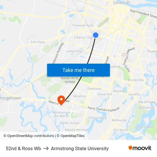 52nd & Ross Wb to Armstrong State University map