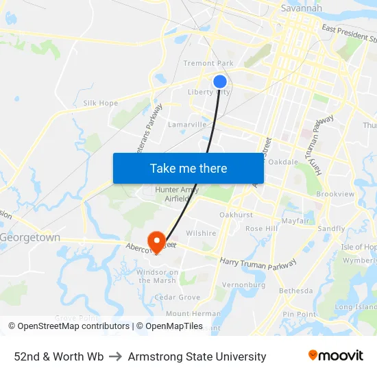 52nd & Worth Wb to Armstrong State University map