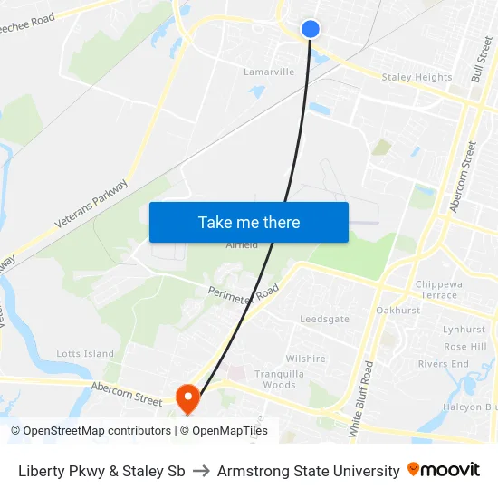 Liberty Pkwy & Staley Sb to Armstrong State University map