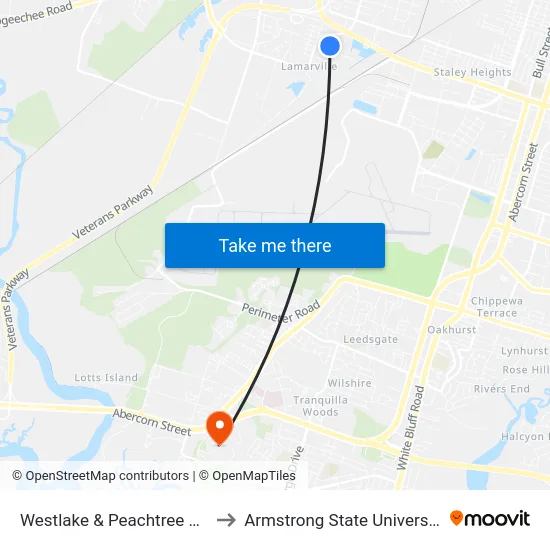 Westlake & Peachtree Wb to Armstrong State University map