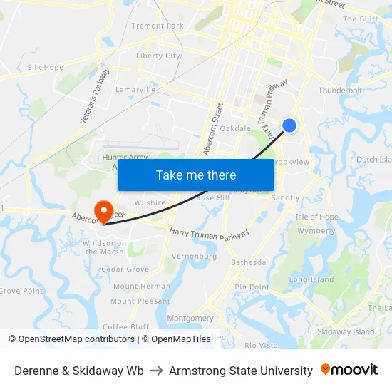 Derenne & Skidaway Wb to Armstrong State University map