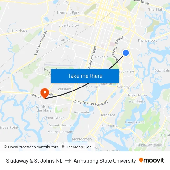 Skidaway & St Johns Nb to Armstrong State University map