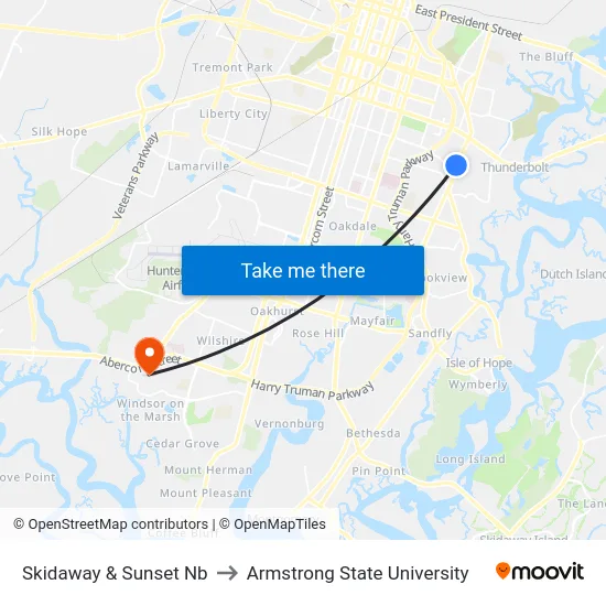 Skidaway & Sunset Nb to Armstrong State University map