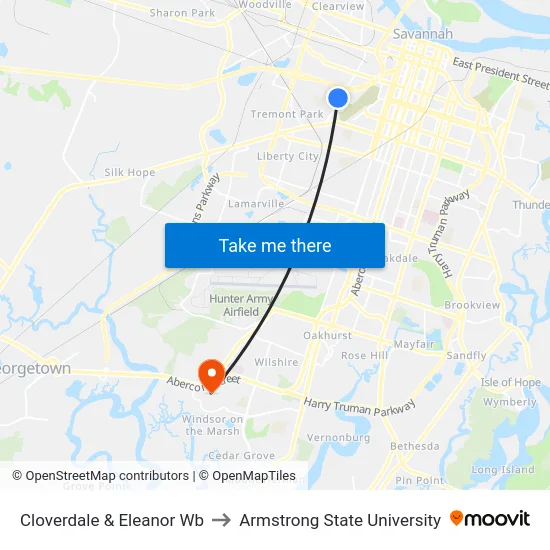 Cloverdale & Eleanor Wb to Armstrong State University map