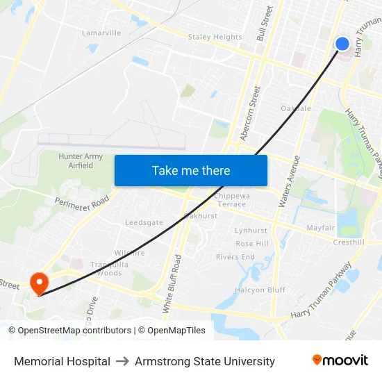 Memorial Hospital to Armstrong State University map