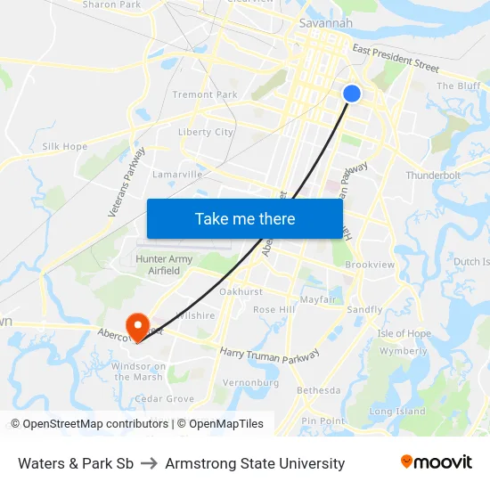 Waters & Park Sb to Armstrong State University map