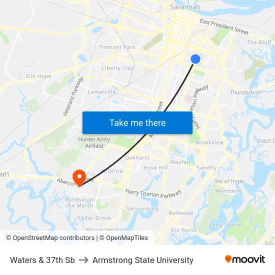 Waters & 37th Sb to Armstrong State University map