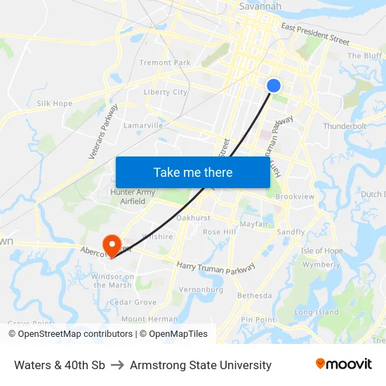 Waters & 40th Sb to Armstrong State University map