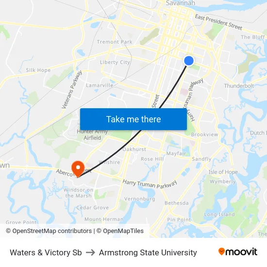 Waters & Victory Sb to Armstrong State University map
