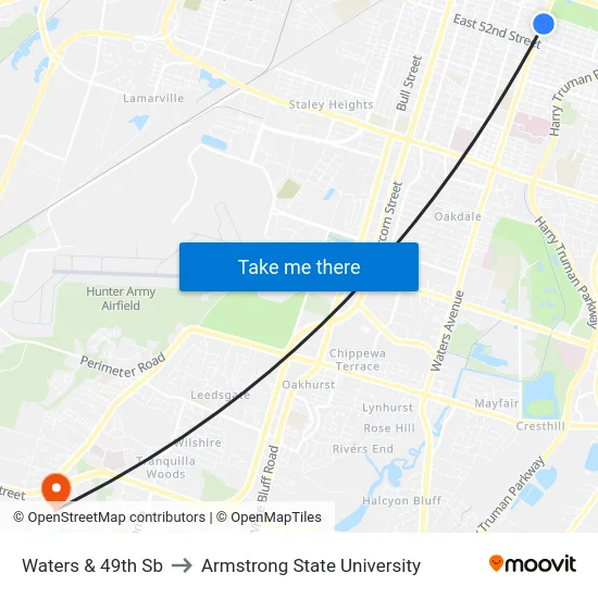 Waters & 49th Sb to Armstrong State University map