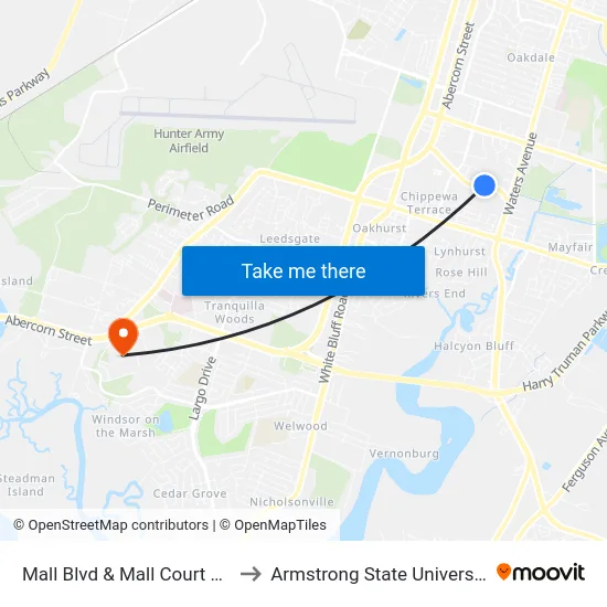 Mall Blvd & Mall Court Wb to Armstrong State University map