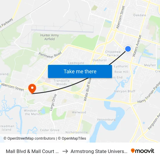 Mall Blvd & Mall Court Eb to Armstrong State University map